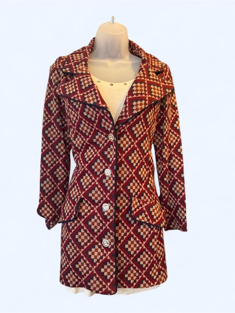 Twee red and beige geometric diamond pattern jacket with gold anchor buttons